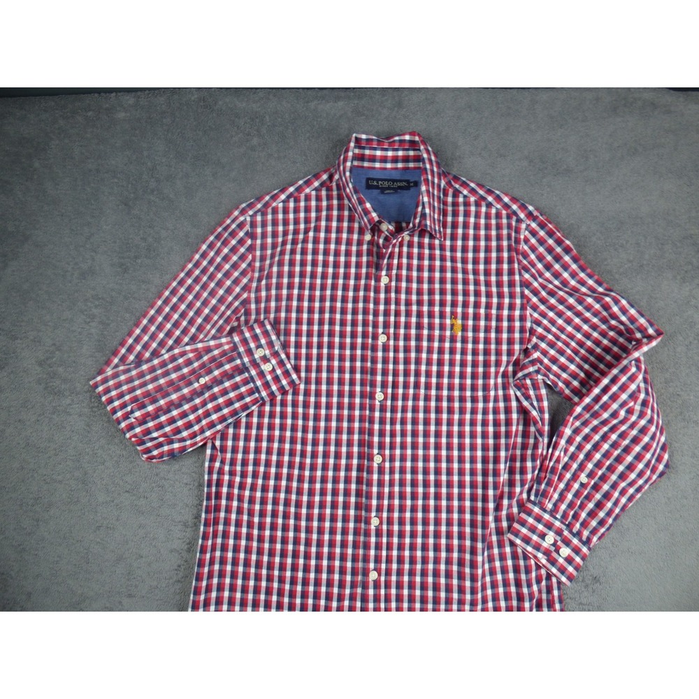 US Polo Assn Mens Medium Red White Blue Gingham Long Sleeve Button Down Shirt